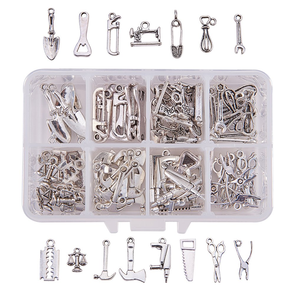 PH PandaHall 90pcs 15 Style Home Tool Charms Collection Tibetan Worker 3D Tools Charms Hammer Screwdriver Pliers Pendants for DIY Men Bracelet Necklace Jewelry Making