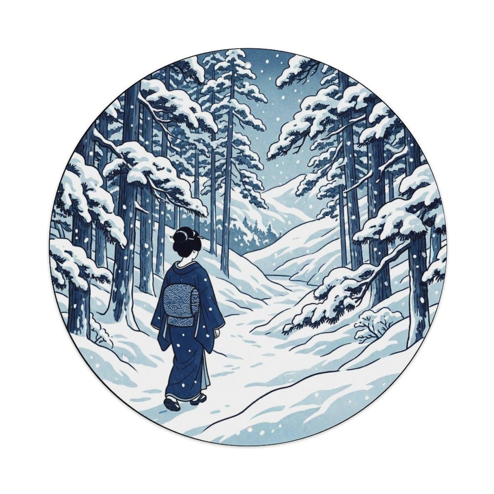 Japanese Geisha Snowy Pine Forest Walking Winter Scene Metal Tin Sign