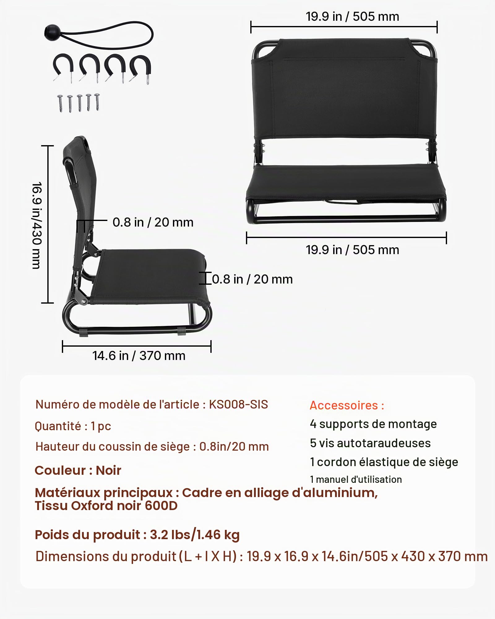 VEVOR Siège de Kayak Pliable avec Dossier, Dosseret SUP Pliable, Cadre en Alliage d'Aluminium et Tissu Oxford 600D, pour Paddle, Planche à Pagaie, Canoë Gonflable, Pêche, Kayak de Loisirs, Noir