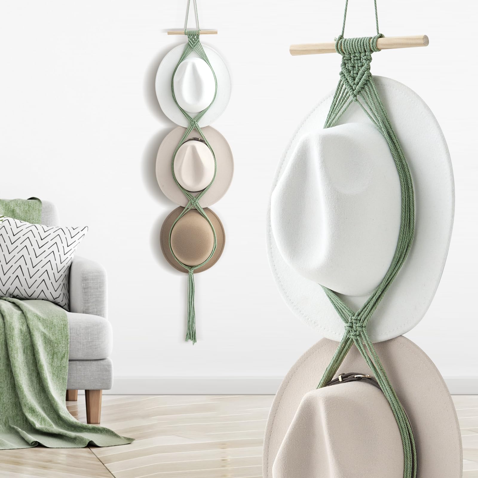 Yulejo Macrame Hat Hangers Boho Hat Rack Cowboy Hat Hanger Back of Door Hat Organizer (Sage Green,Three Hats Style)