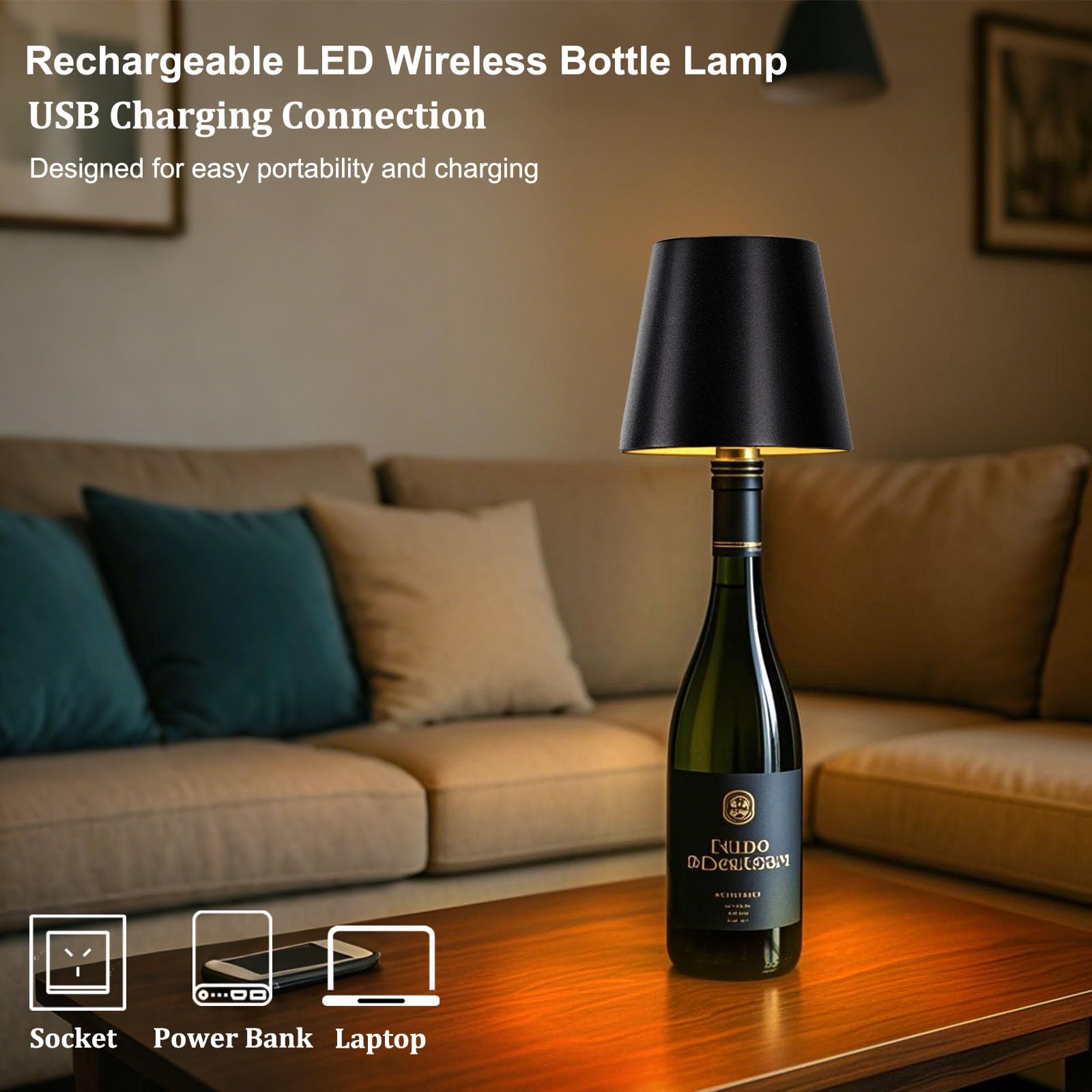 Wireless Bottle Lamp, 3 Color Stepless Dimming Wine Bottle Lamp, LED Rechargeable Touch Control Wireless Bottle Lampshade for Bedroom, Restaurant, Bar (Black, 2-Pack) - Image 2