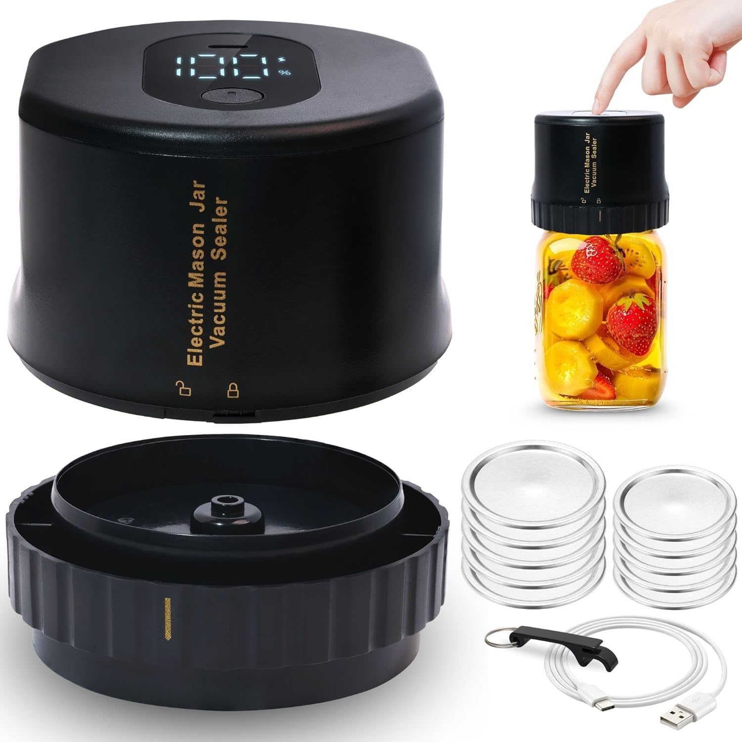 All-New 2025 Electric Mason Jar Vacuum Sealer Kit – Automatic Rechargeable Sealer for Mason Jars – Includes 5 Lids (Regular