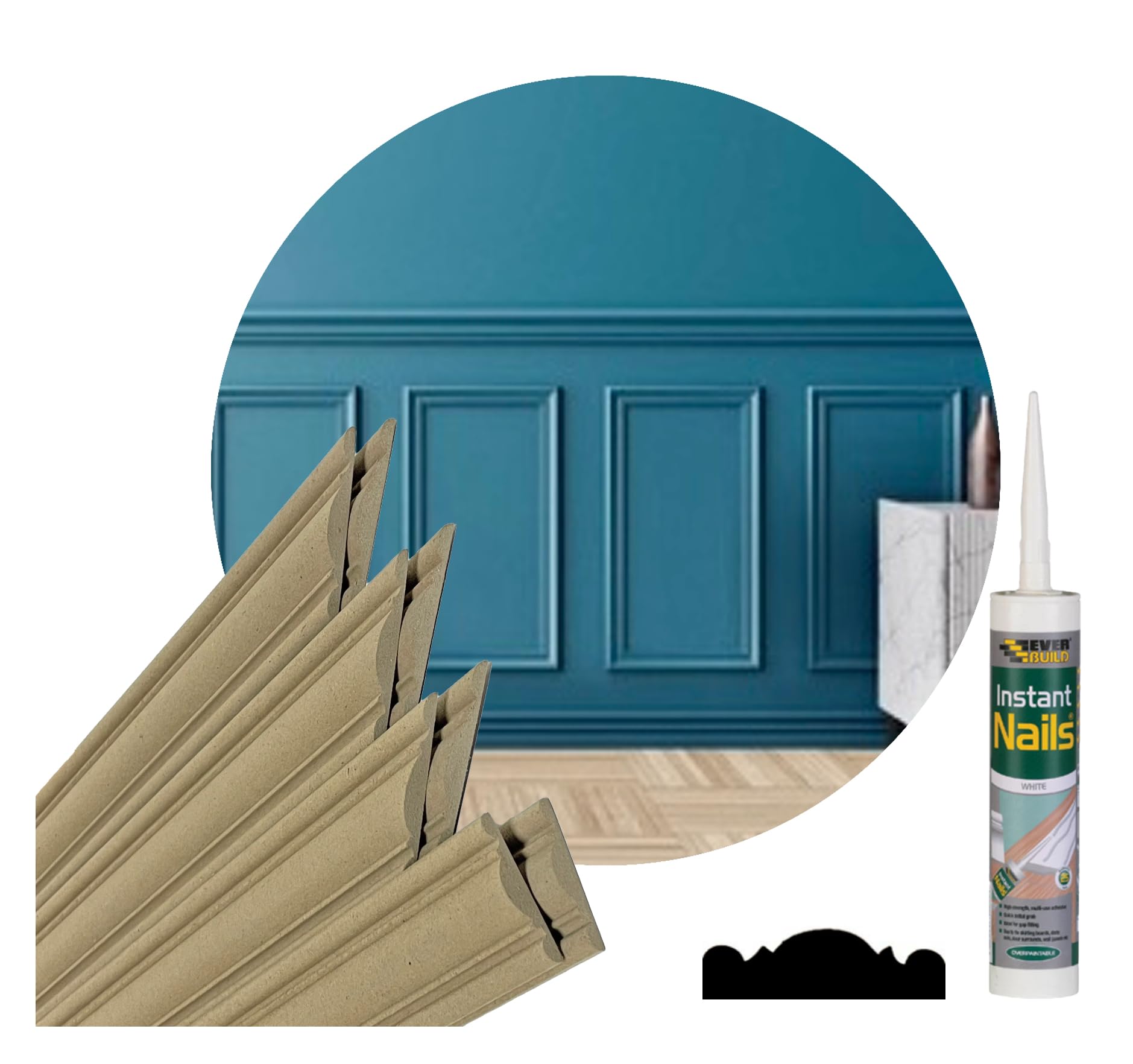 Crown Cut - Dado Style Wall Panelling Kit - Set for 3 Frames and 2 Metres Rail - Pack Covers 2 Metre Wall - No More Nails Adhesive Included + Instruction - Decorative Moulding Wood