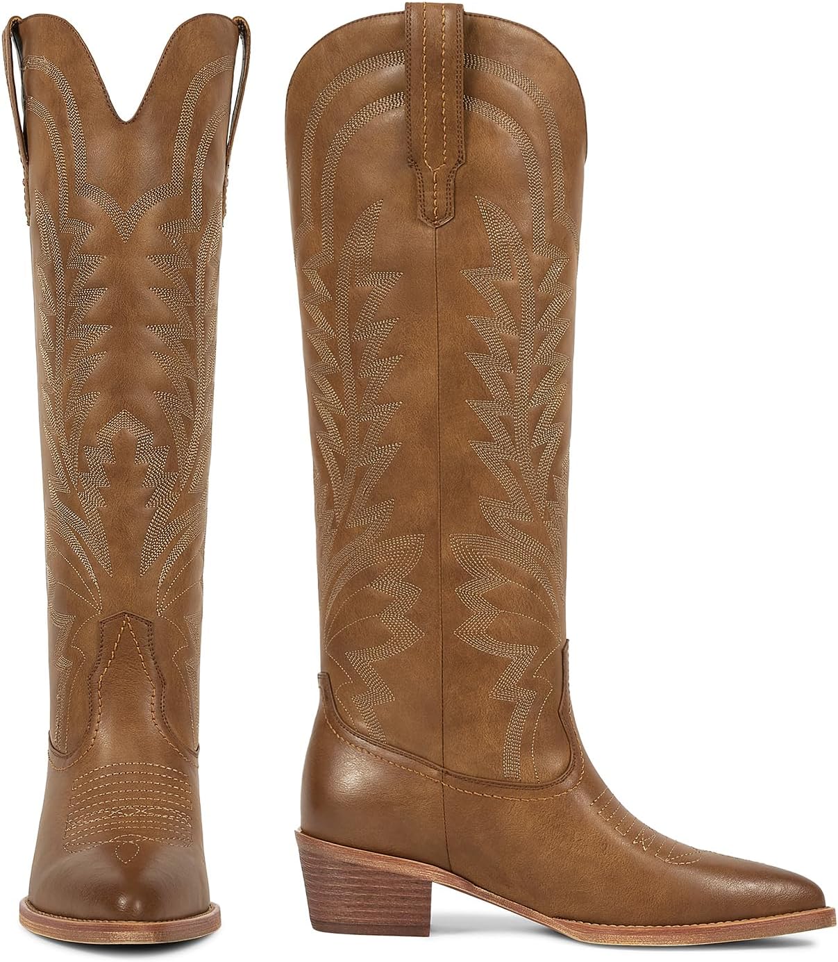 ISNOM Cowboy Boots for Women Knee High Cowgirl Boots with Classic Embroidered Pointed Toe Chunky Heel Pull On Fashion Retro Western Tall Boots - Image 4