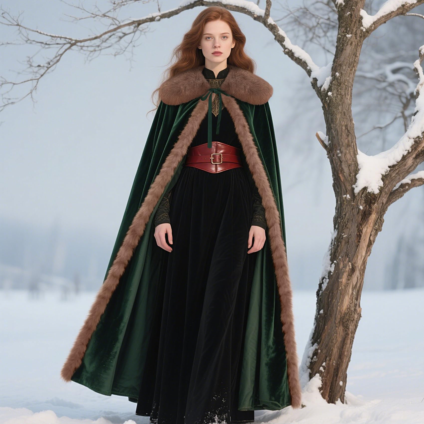 keland Renaissance Samt Umhang mit Wikinger Fell Kragen für Damen Halloween Kostüm (Grün )