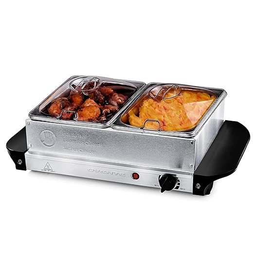 Ovente Electric Buffet Server with 2 Warming Pan, Portable Food Warmer for Catering, Party, Entertaining and Holiday, Stainless Steel Chafing Dish Set with Temperature Control, Silver FW152S