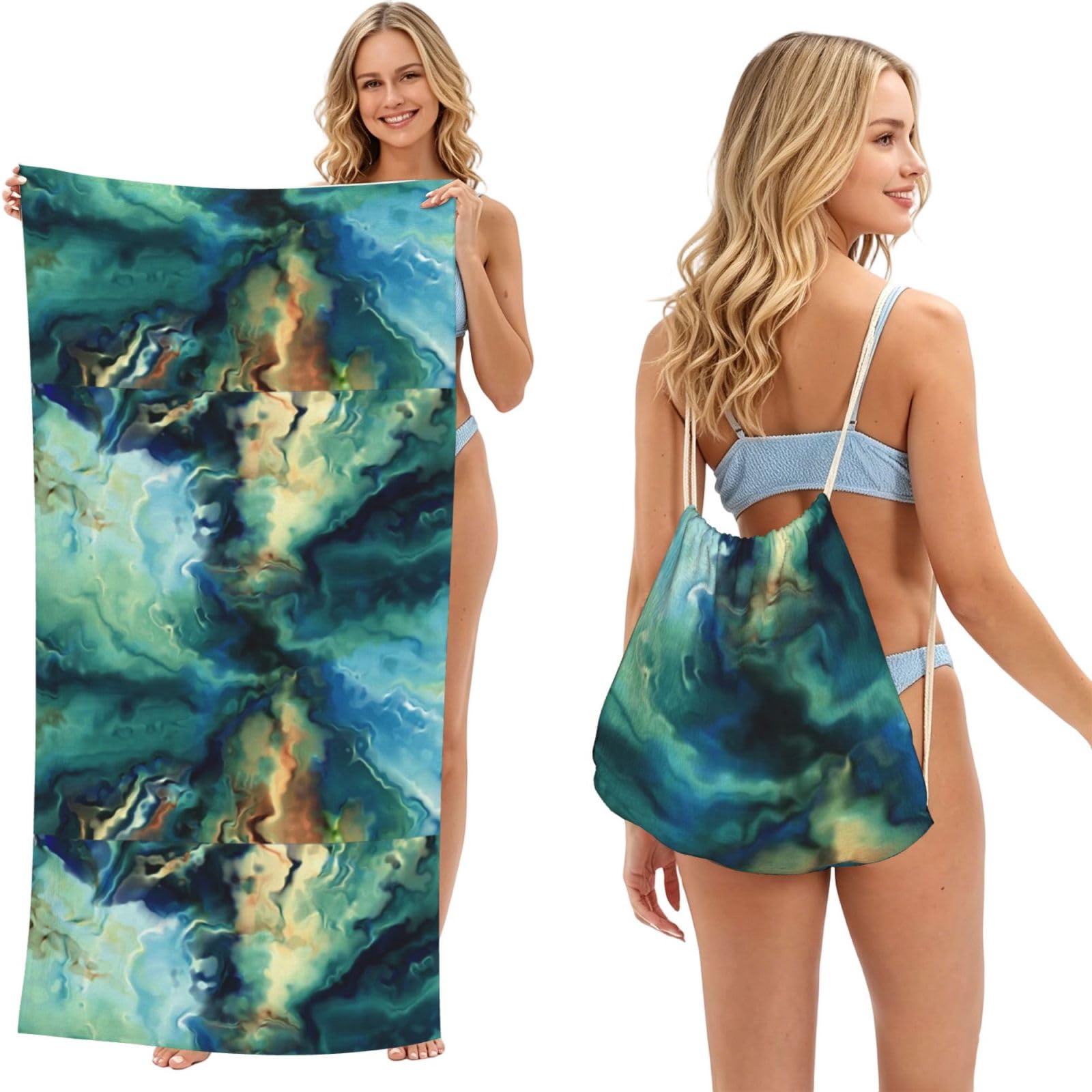 Poadnly As Picture Abstract Marbled Ocean Navy Blue Teal Green, 2 In 1 Packable Towel Bag, Beach Towels With Drawstring Backpack For Travel Holiday Camping