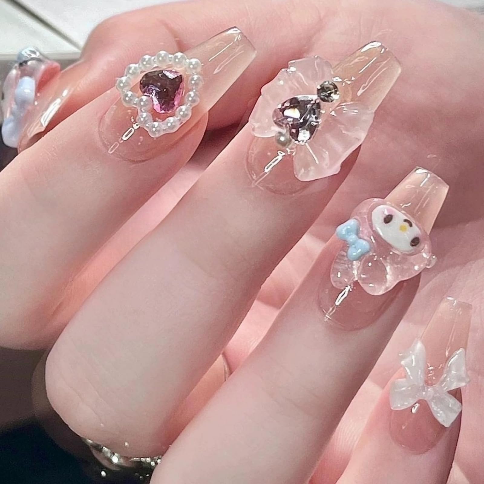 Uñas acrílicas gruesas a presión, hechas a mano, uñas largas cuadradas, perlas brillantes, kit de uñas postizas kawaii, reutilizables, 10 uñas tamaño M, #949, 949 (mediano)