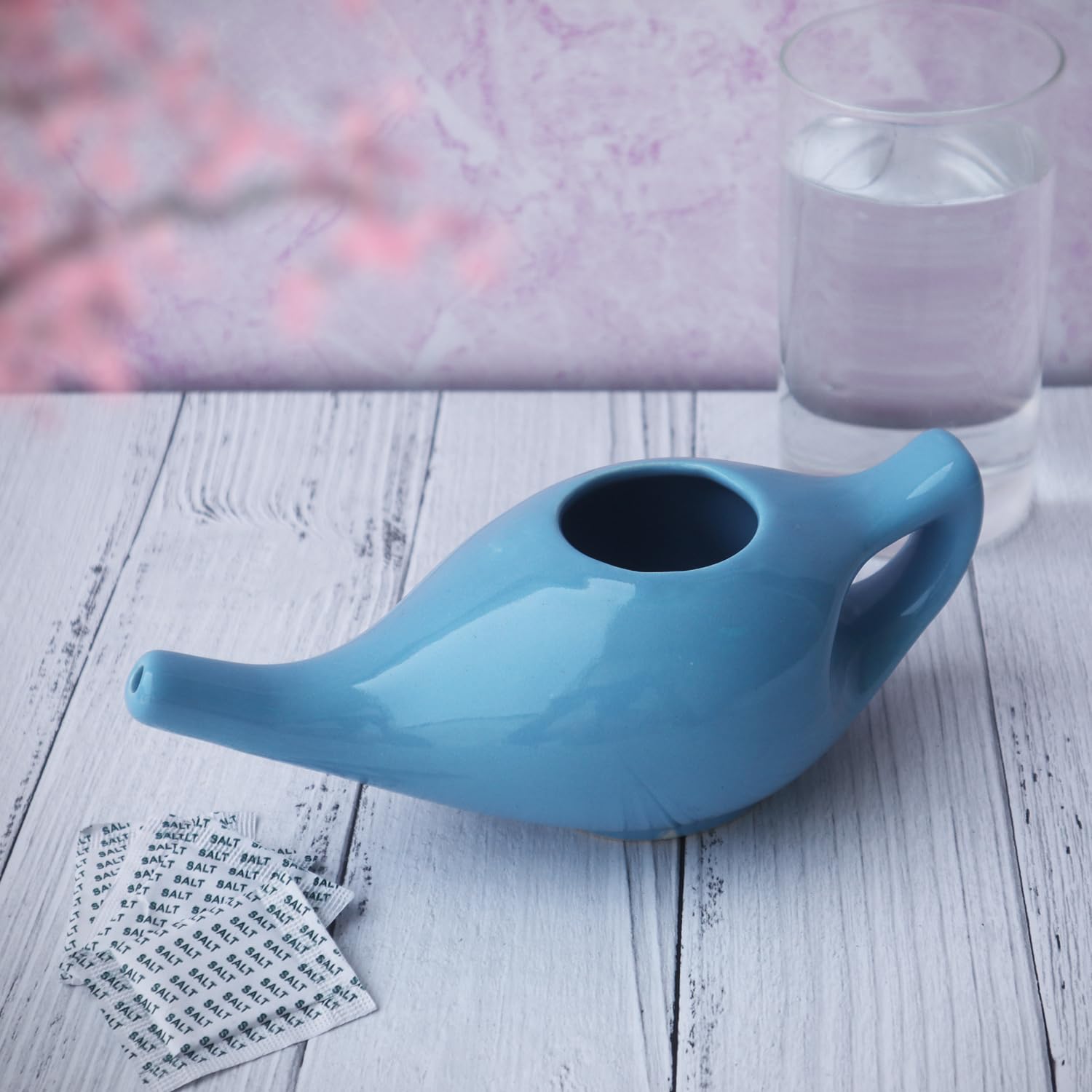 Olla Neti de cerámica de porcelana para limpieza nasal | Tratamiento Natural para Sinusitis, Infecciones y Congestión | Olla Neti con 5 sobres de sal Neti + folleto de instrucciones - Verde elegante