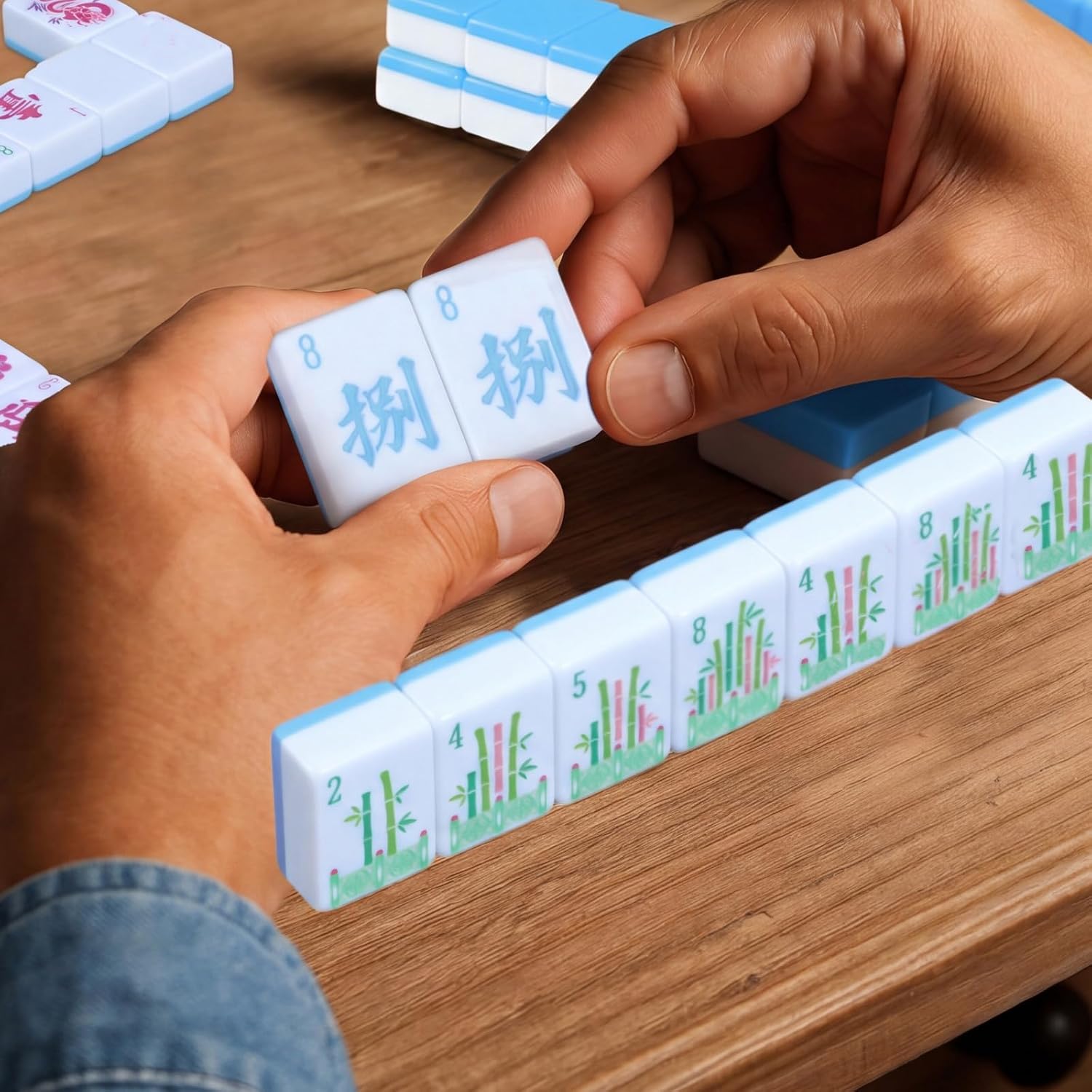 Arrowbash 160 Pcs American Mahjong Tiles Set Only, 1.2 Inch American Mahjong Tiles Game with 8 Different Hand Carved Patterns for Mah Jong Social Games, Beginners, Mah Jong Lovers(Blue)