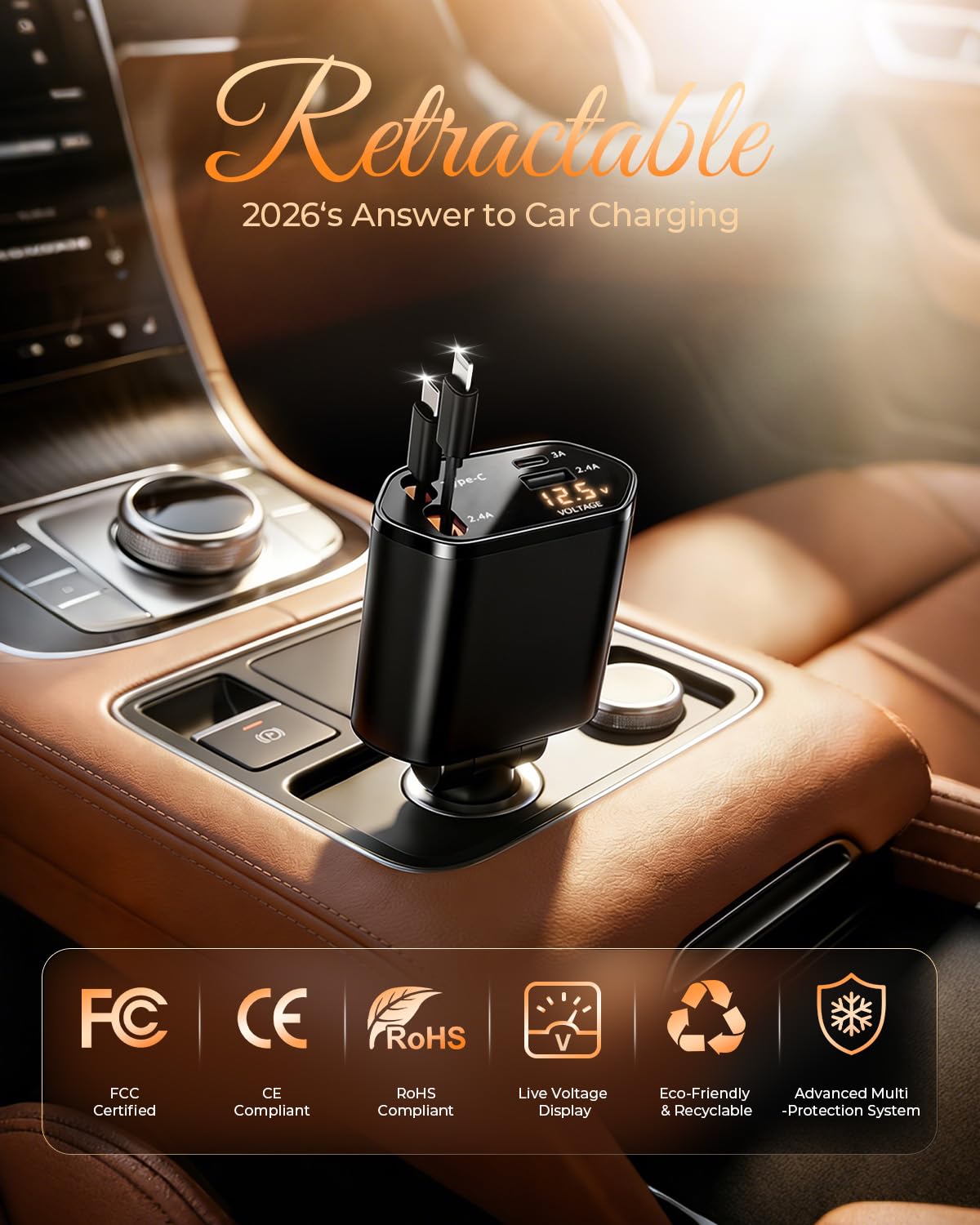 2026 MimAuto 4 in 1 Retractable Car Charger, Car Charger USB C Fast Charger, Car Phone Charger for iPhone 17/16/15/14/13, Samsungs, Tablets, Dash cams. Black Car Accessories for Men Women - 2