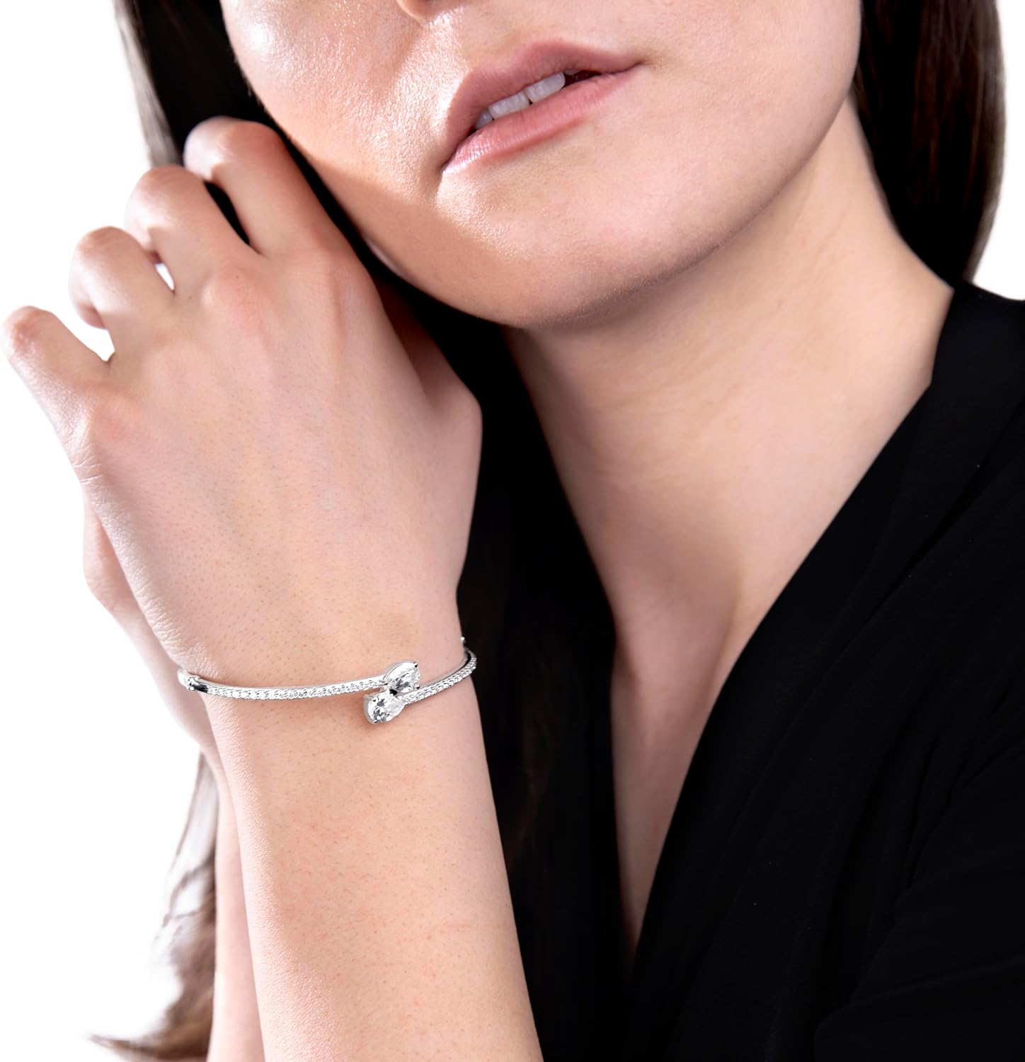 Judy Crowell Jewelry Sterling Silver Pear Cut Cubic Zirconia Bypass Bangle Bracelet Women