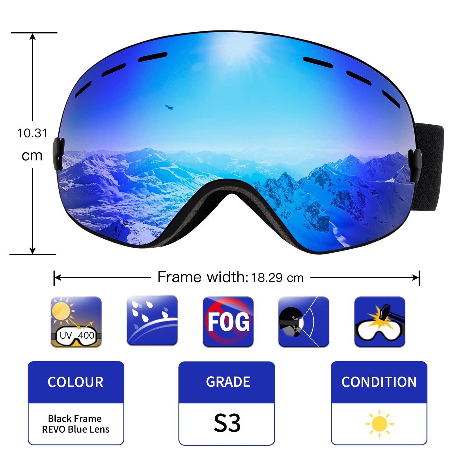OTG Maschera da Sci, Occhiali da Sci Frameless con Doppia Lente Sferica Anti-nebbia, Maschere da Sci Snowboard 100% Protezione UV400 Per Uomo/Donna
