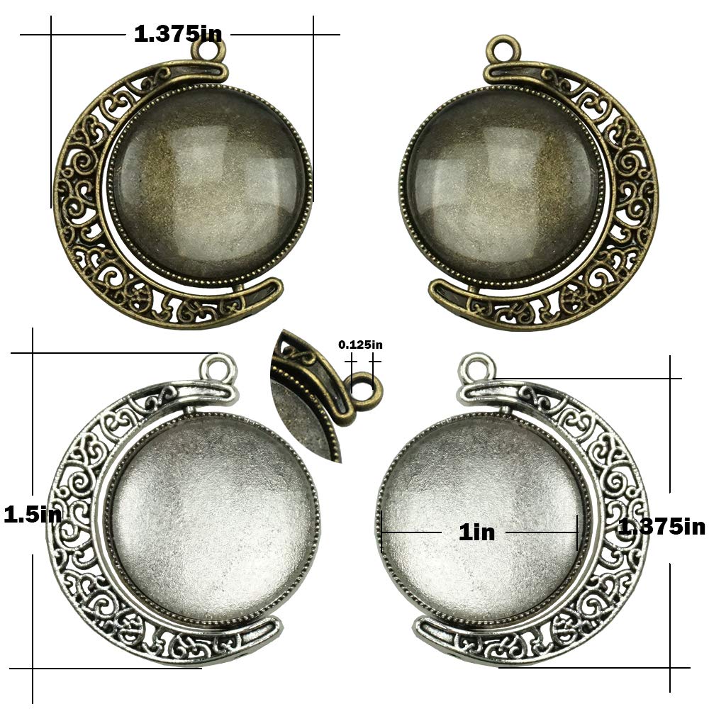 Moon Rotation Double Side Pendant Trays 30Pcs Kit, 10Pcs Pendant Tray with 20Pcs Glass Cabochon Clear Dome 25mm Blank 2 Colors Bezels for Photo Pendant DIY Craft Jewelry Making by SHXSTORE