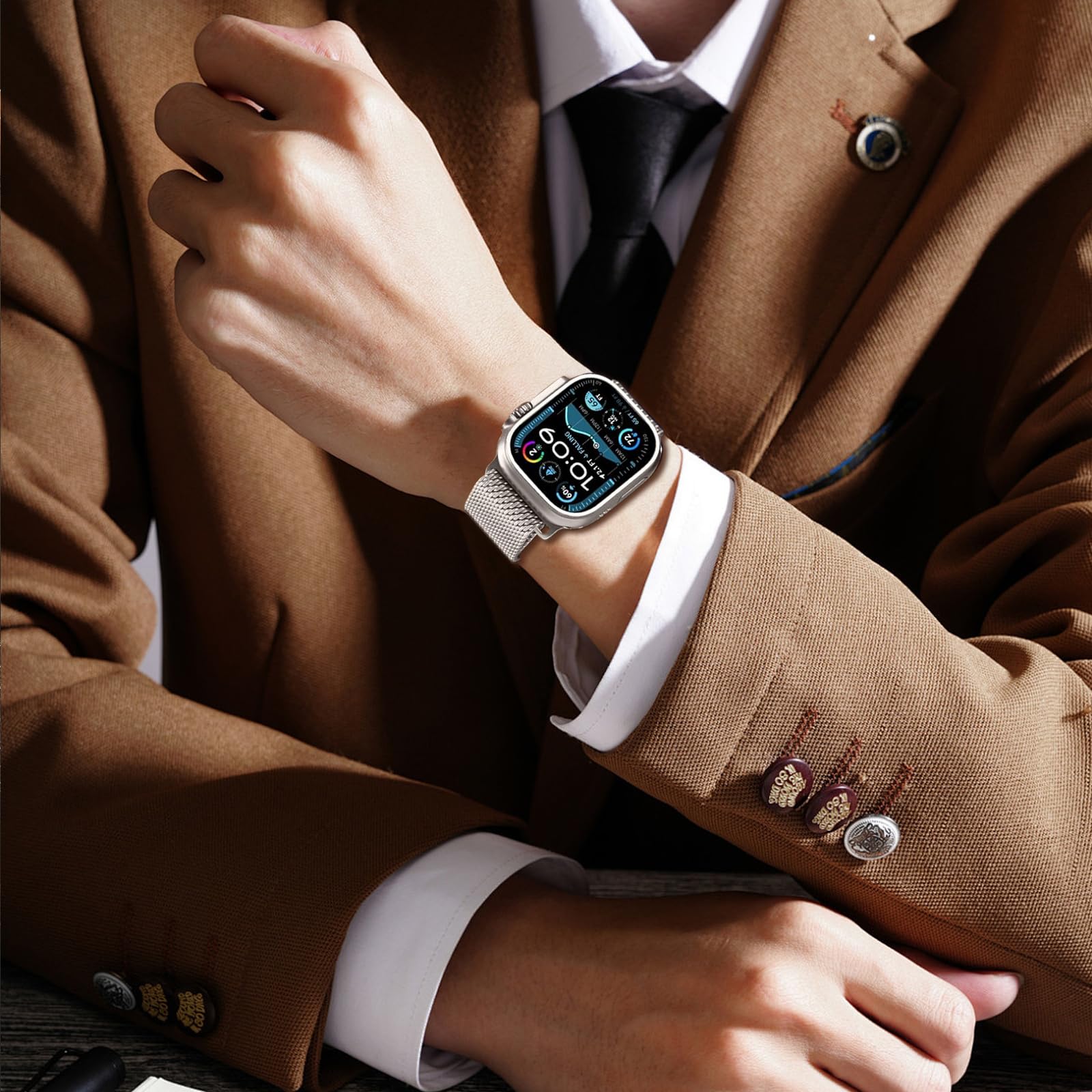 Milanese Paski na rzep, kompatybilne z Apple Watch Ultra 2, Ultra 49 mm, 46 mm, 45 mm, 44 mm, 42 mm (seria 3, 2, 1), dla kobiet i mężczyzn, klamra w stylu spadochronowym, metalowa opaska na nadgarstek
