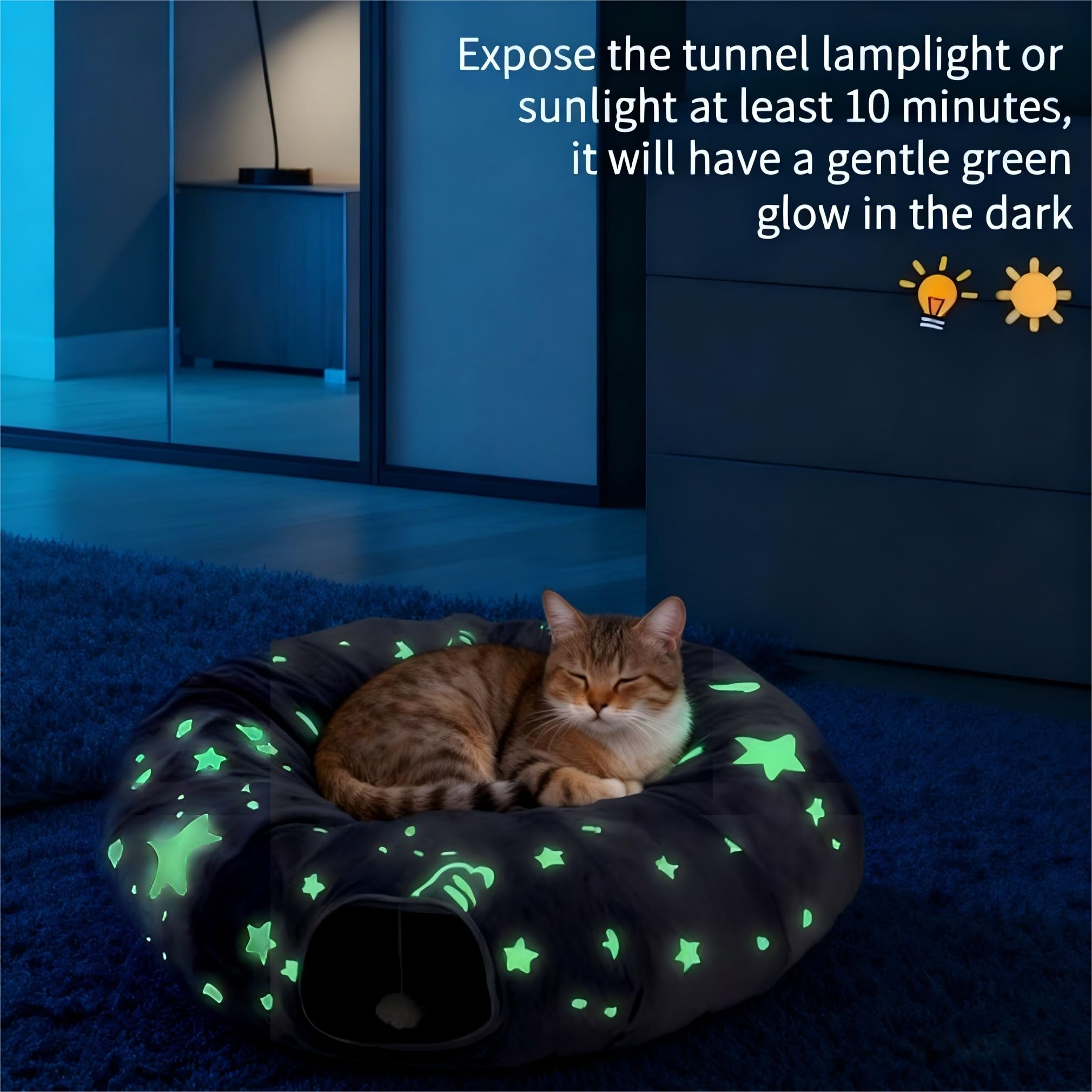 Plüsch Katzentunnel Rund Mit Katzenbett Katzen Tunnel XXL, Im Dunkeln leuchtende katzenbett, Ultra weiche Runde Donut Form für Indoor Kleine mittlere große Katzen