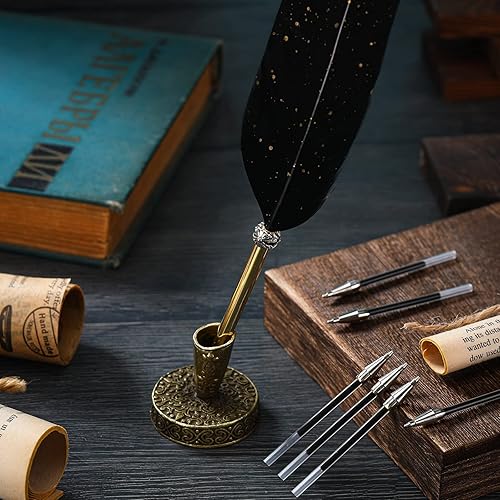 Miniatura 5 de Bolígrafo de plumas y soporte para bolígrafo de metal vintage, tinta negra, pluma de plumas vintage con 5 piezas de repuesto para boda, firma para