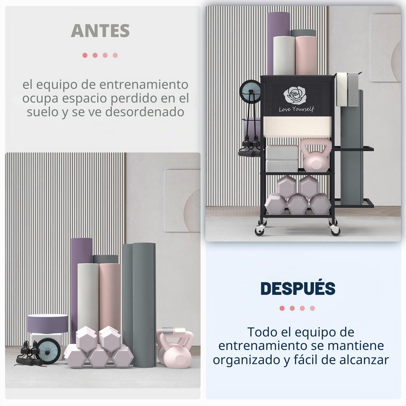 Estante de almacenamiento para esterilla de yoga, estante de almacenamiento de gimnasio en casa, organizador de almacenamiento de equipo de entrenamiento, estante de pesas con ruedas para esterilla de