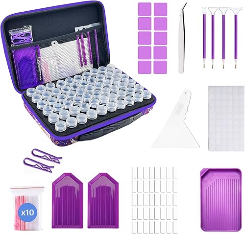 Miniatura 8 de Contenedores de almacenamiento de pintura de diamante, 60 ranuras para accesorios de arte de diamantes y kits de herramientas (morado)