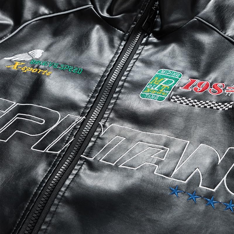 Men's Faux Leather Jacket Oversized Varsity Jacket Zipper Closure Casual Jacket Unisex Motorcycle Jacket4