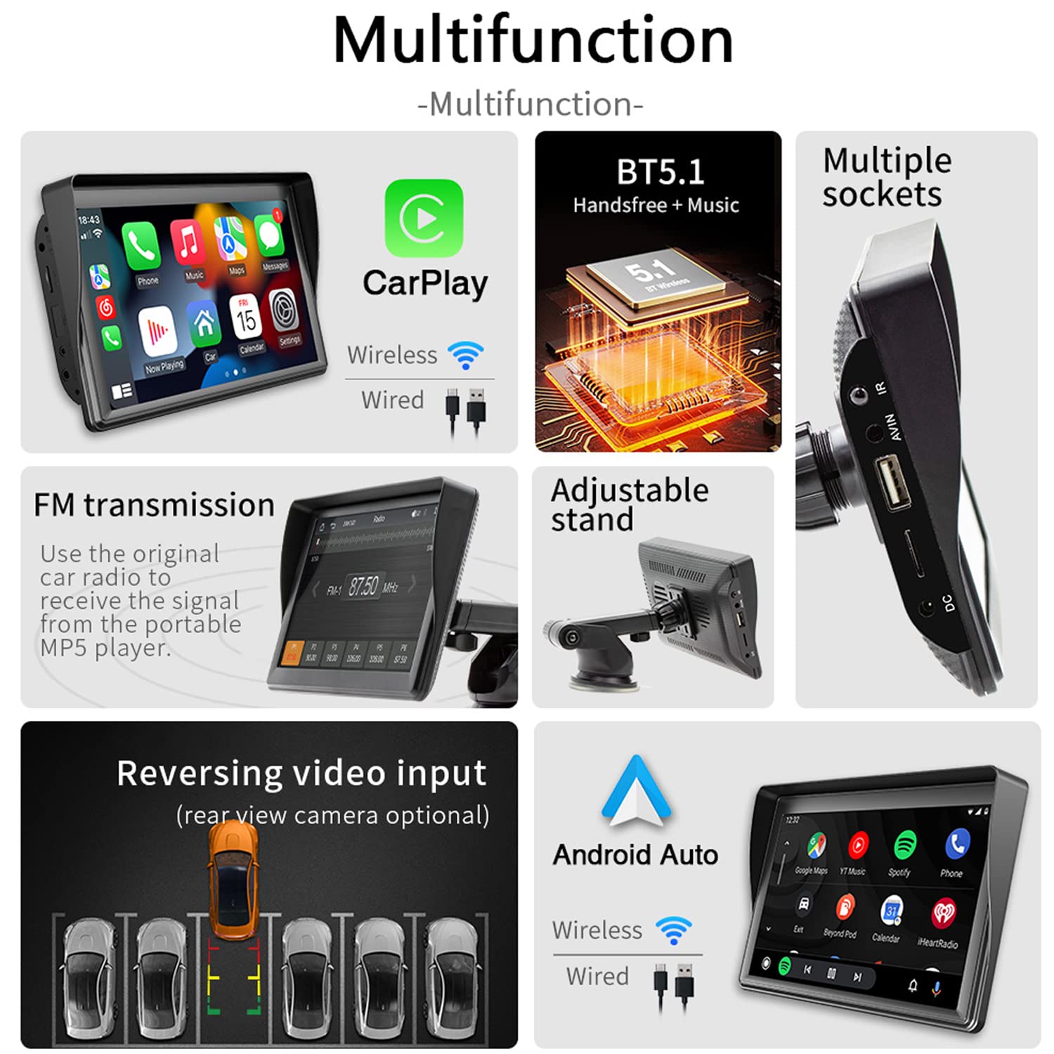 Compatible for monitor portatile per auto wireless Carplay Android Auto, autoradio portatile 7" touchscreen con Mirror Link Trasmettitore FM Bluetooth Porta scheda AUX / USB / TF Telecomando 9V-36V