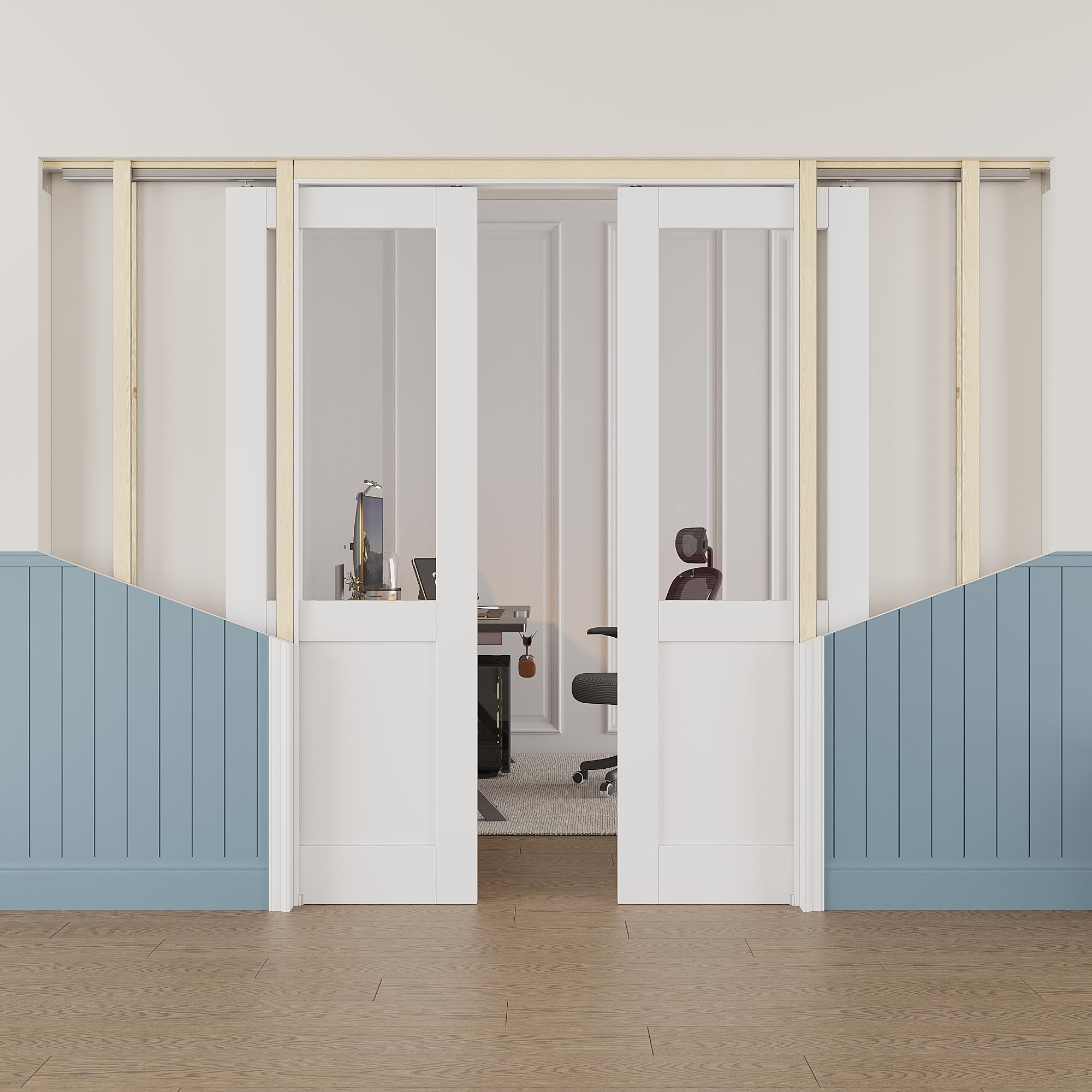 36x80 Sliding Double Pocket Door,Half Lite Clear Glass Doors,Hidden Doors