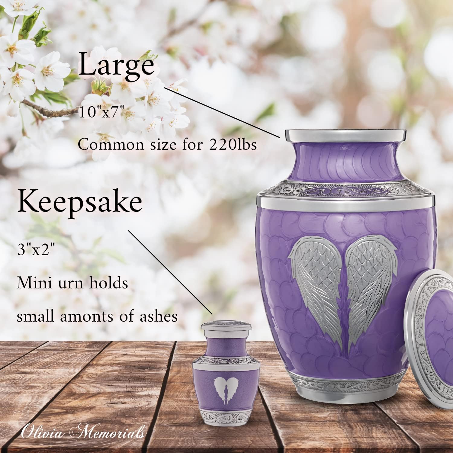 Purple Cremation Urn for Human Ashes Adult | Heart Funeral Decorative Angel Wings Urns for Women and Men Earn for Mom Mother with Pendant Necklace