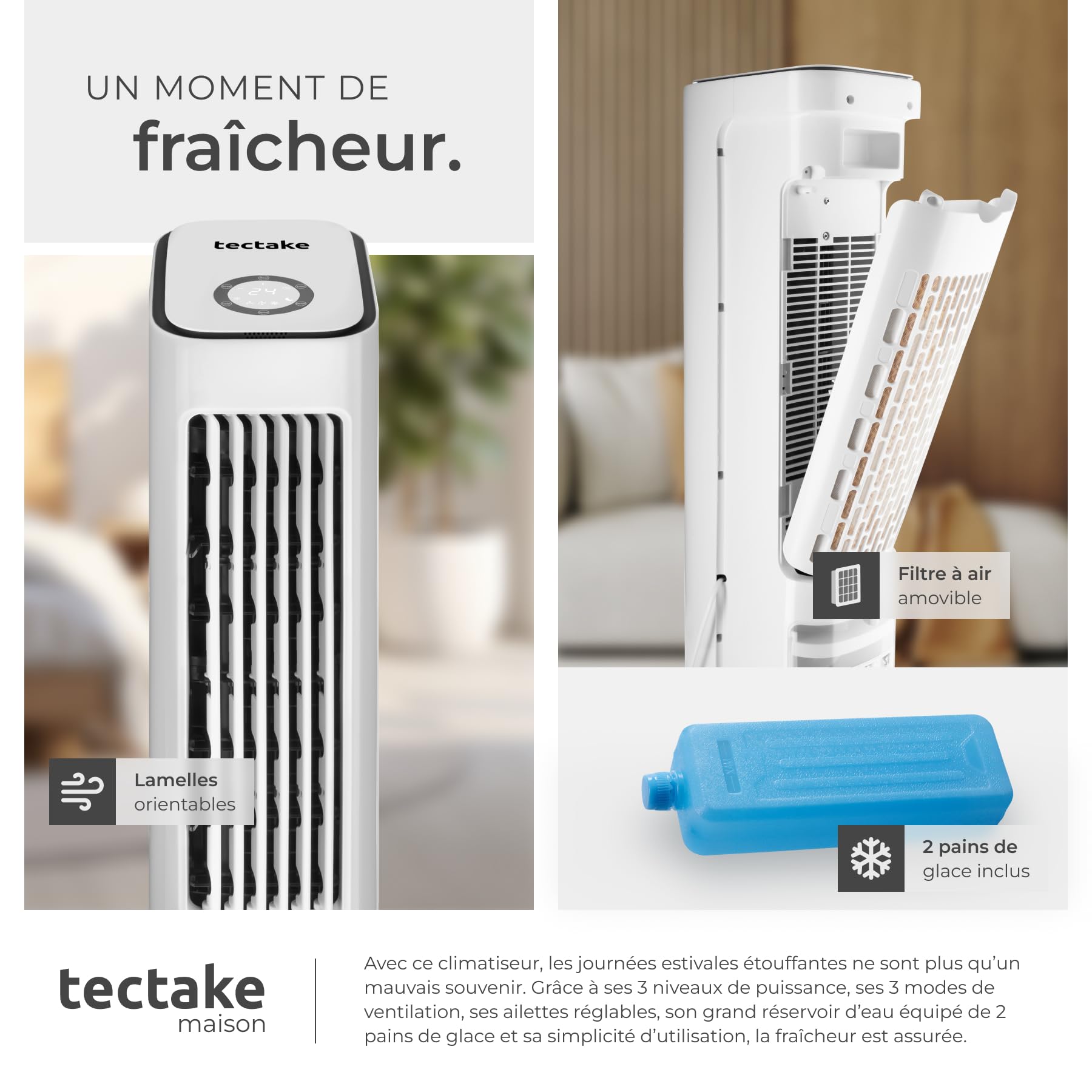 tectake® Rafraichisseur d'air 4-en-1, Refroidisseur Portable, Ventilateur, Humidificateur, Purificateur d'air HEPA, Réservoir 5 L, 3 Modes, 3 vitesses, Oscillation, Minuterie 12H, Silencieux, Blanc