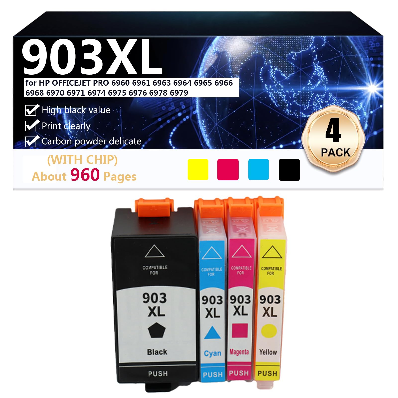903XL Cartucce D'inchiostro Compatibili per 903 903XL per HP OFFICEJET PRO 6960 6961 6963 6964 6965 6966 Stampante Cartucce D'inchiostro ad Alta Resa, Installazione Semplice,1 Set
