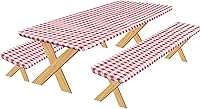 Vista 9 de OutdoorLines Mantel de vinilo ajustable para mesa de picnic con fundas de banco, mantel elástico impermeable para mesa de picnic