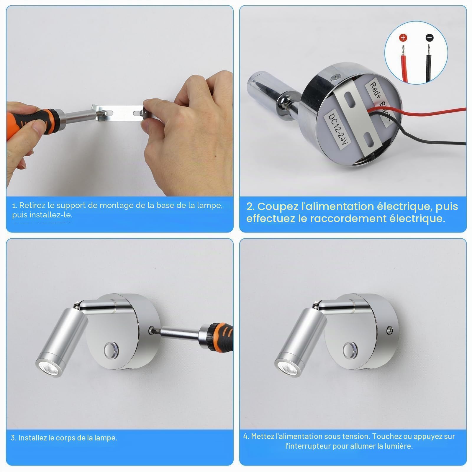 ERWEY 2pcs Lampe de lecture LED 12V camping-car,Applique murale lampe de lit avec interrupteur Touch Dimmable 3000K-6000K, DC 12V-24V avec connecteurs USB A+C pour bateau voiture van yacht, argent