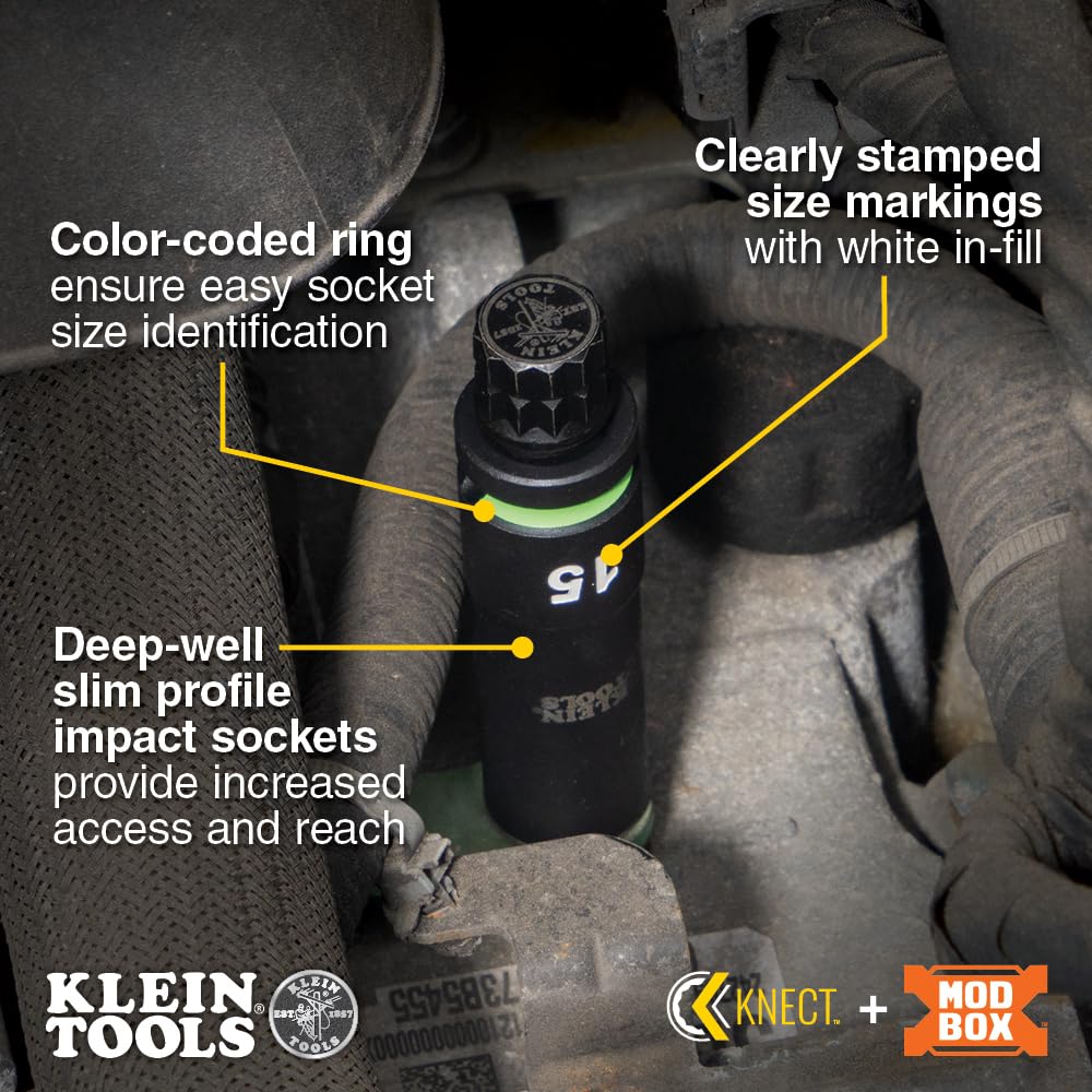 Klein Tools 65111IMPCTM KNECT Set di bussole a percussione per pozzi profondi, attacco da 1/2", metriche, codificate a colori, custodia MODbox, adattatore e prolunga per impatto, 14 pezzi