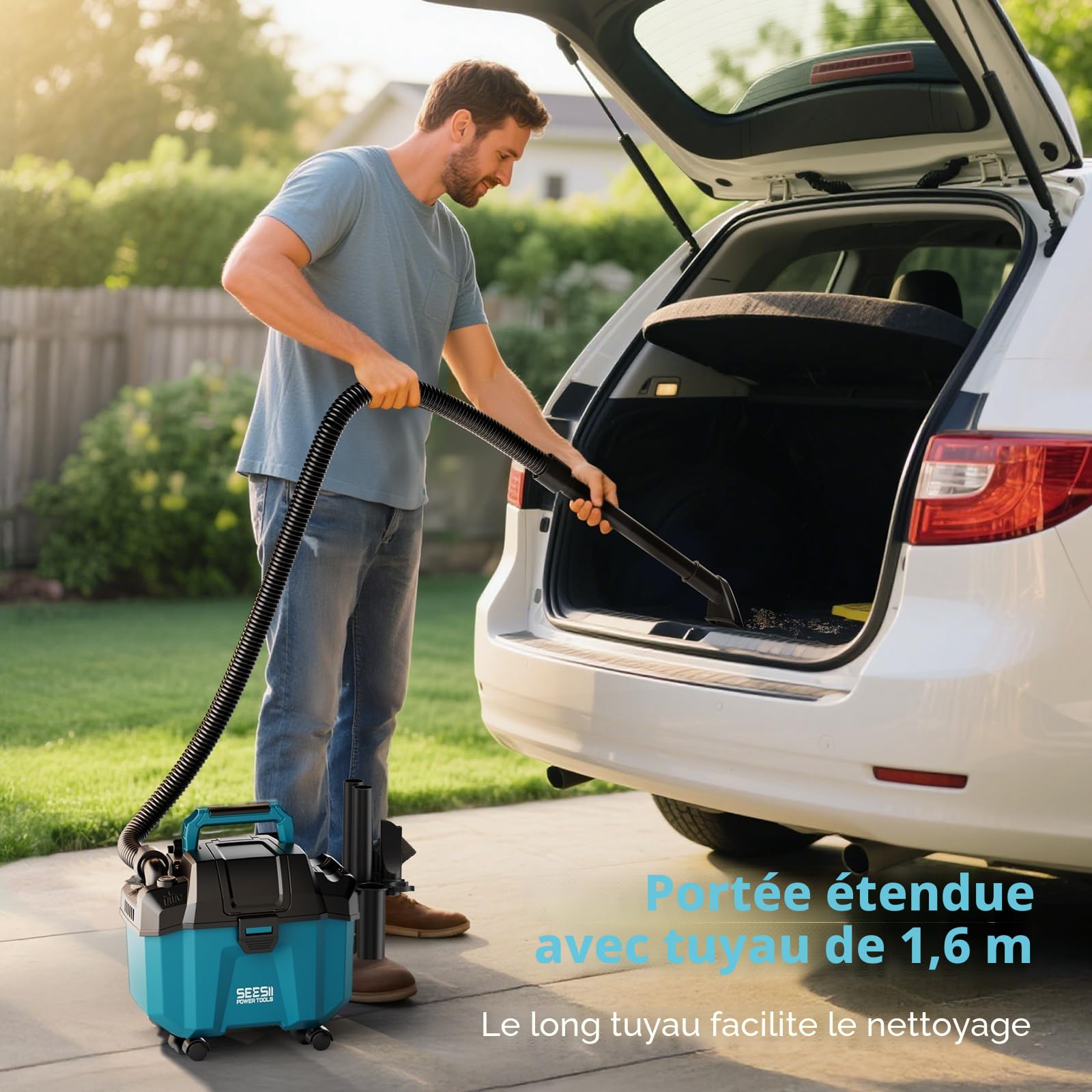 Seesii Aspirateur Eau et Poussière Batterie 8000 mAh (2x4000 mAh), Aspirateur Poussiere et Eau 10 L, avec Sangles, 4 Roues et Accessoires, Idéal pour Atelier, Chantier ou Voiture