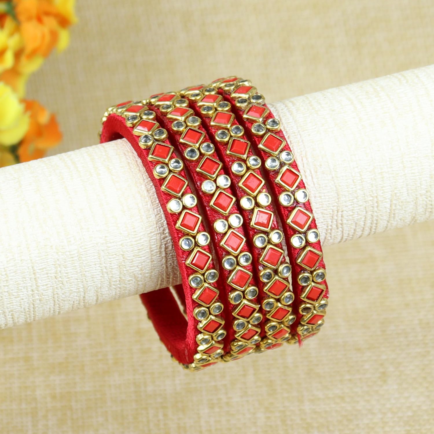 Asthetika Kids Silk Thread Square Kundan Stone Set of 4 Bangles for Girls Sizes 2.0 and 1.14 Suitable Age: 3-9 Years (Red, 1.14) 3