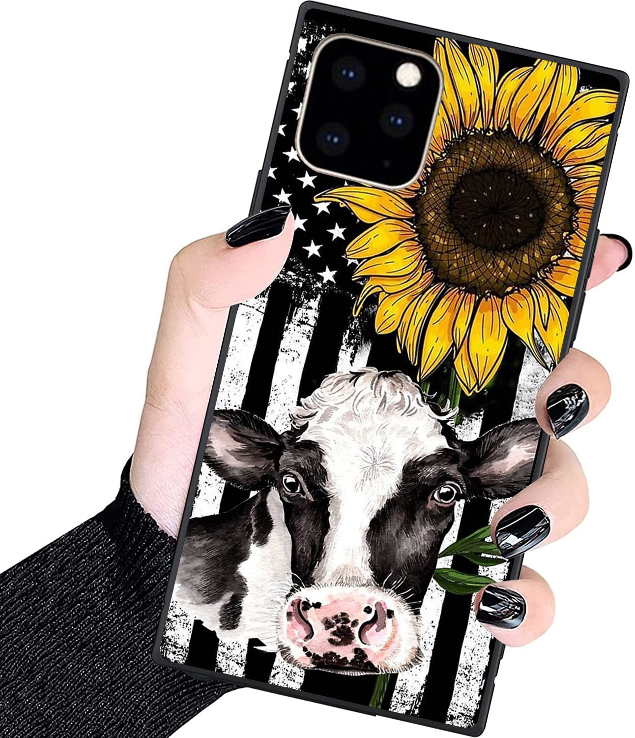 Luxury Square Case for iPhone 11 Pro Max,Fashion Elegant Square Case for Women Girls,Hard PC+Soft Silicone case is Shock-Proof and Skid-Proof for Protective Case-Cow Print Sunflower