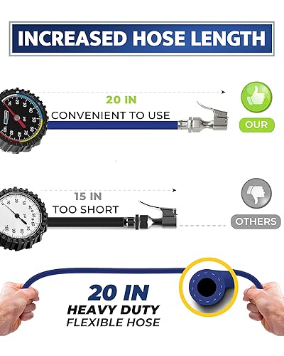 Miniatura 5 de Inflador de neumáticos con manómetro y manguera más larga, portabrocas de aire más preciso y resistente con medidor para compresor de aire,