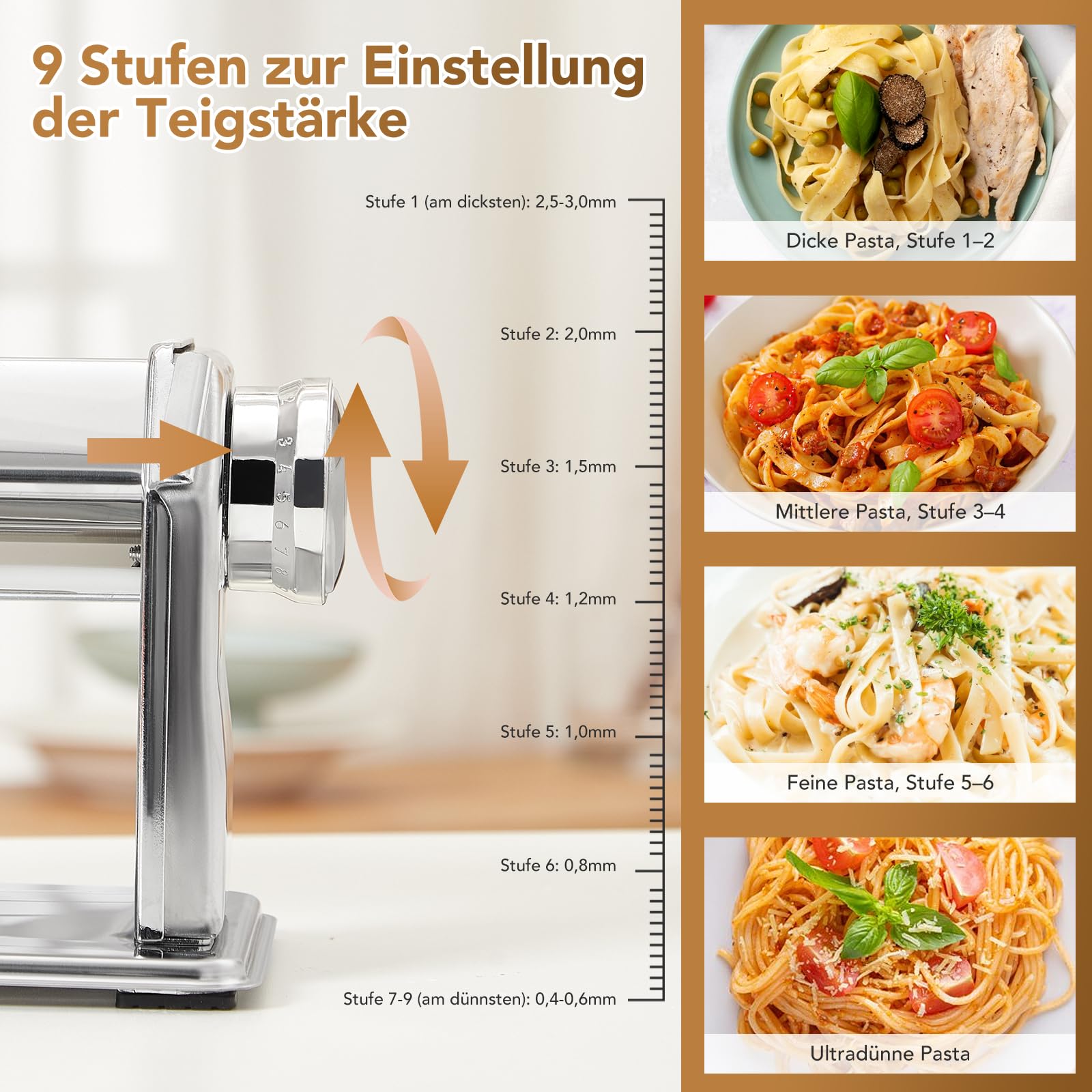 ROSSETTO Manuelle Nudelmaschine mit Trockner, Edelstahl Pastamaschine mit 9 Teigstärken, 2 Schnittbreiten,Für Lasagne, Spaghetti, Fettuccini, Ravioli-Ausstechern