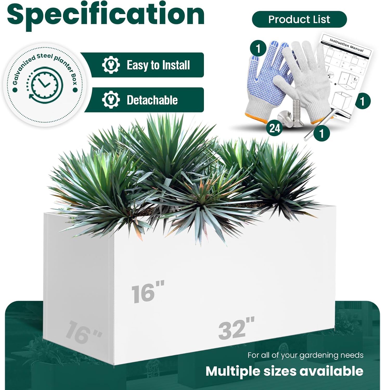 White Steel Planter Rectangular 32" L x 16" W x 16" H Rectangle Outdoor Indoor Planter Box Galvanized Steel Metal Large Planters Modern Commercial Residential for Trees Patio Yard Garden