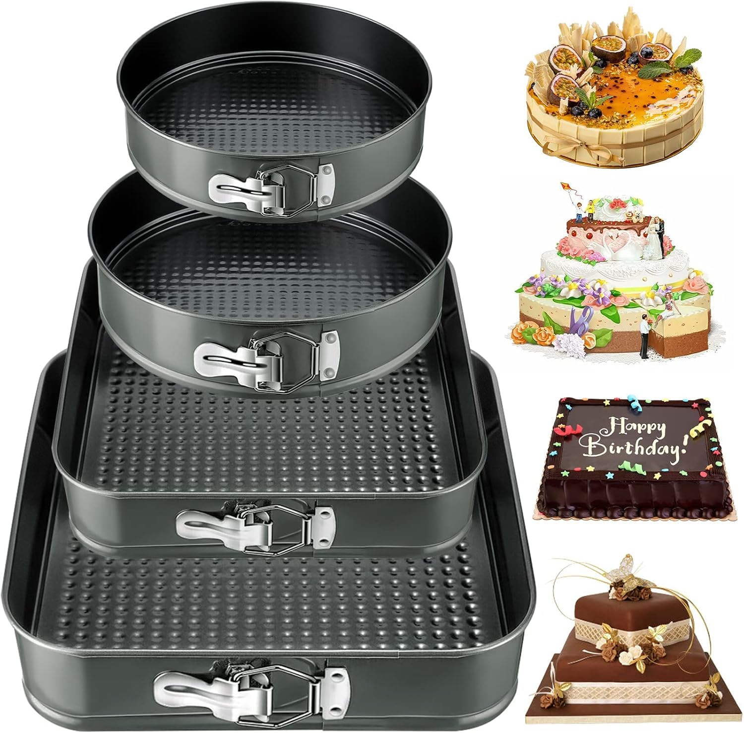 4 Pezzi Tortiera 16/20cm Rotonda e 22/26cm Quadrata, Rivestimento Antiaderente Teglie da Forno, Acciaio al Carbonio Teglia Torta con Fondo Rimovibile, Grigio