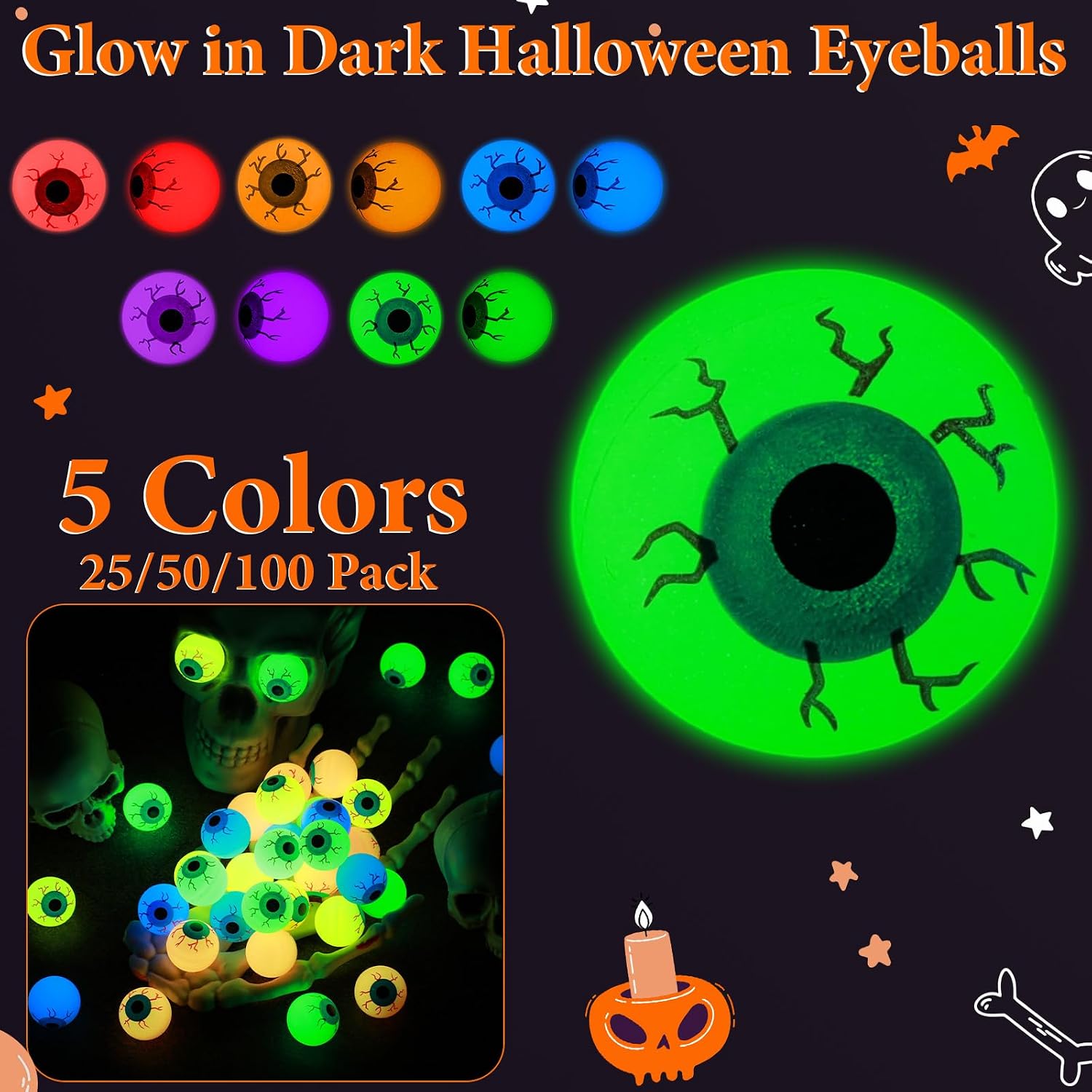 Simgoing 100 Pcs Glow in Dark Halloween Eyeballs Figures Plastic Fake Scary Eyeballs Figurines to Hide and Seek Luminous Statue for Halloween Goodie Bag Fillers Horror Prop Trick or Treat Party Decor