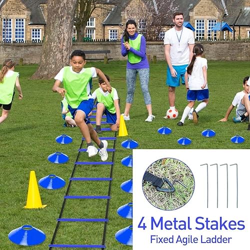 Miniatura 4 de Juego de entrenamiento de velocidad profesional y agilidad incluye escalera de agilidad ajustable de 12 peldaños de 20 pies con bolsa de transporte,