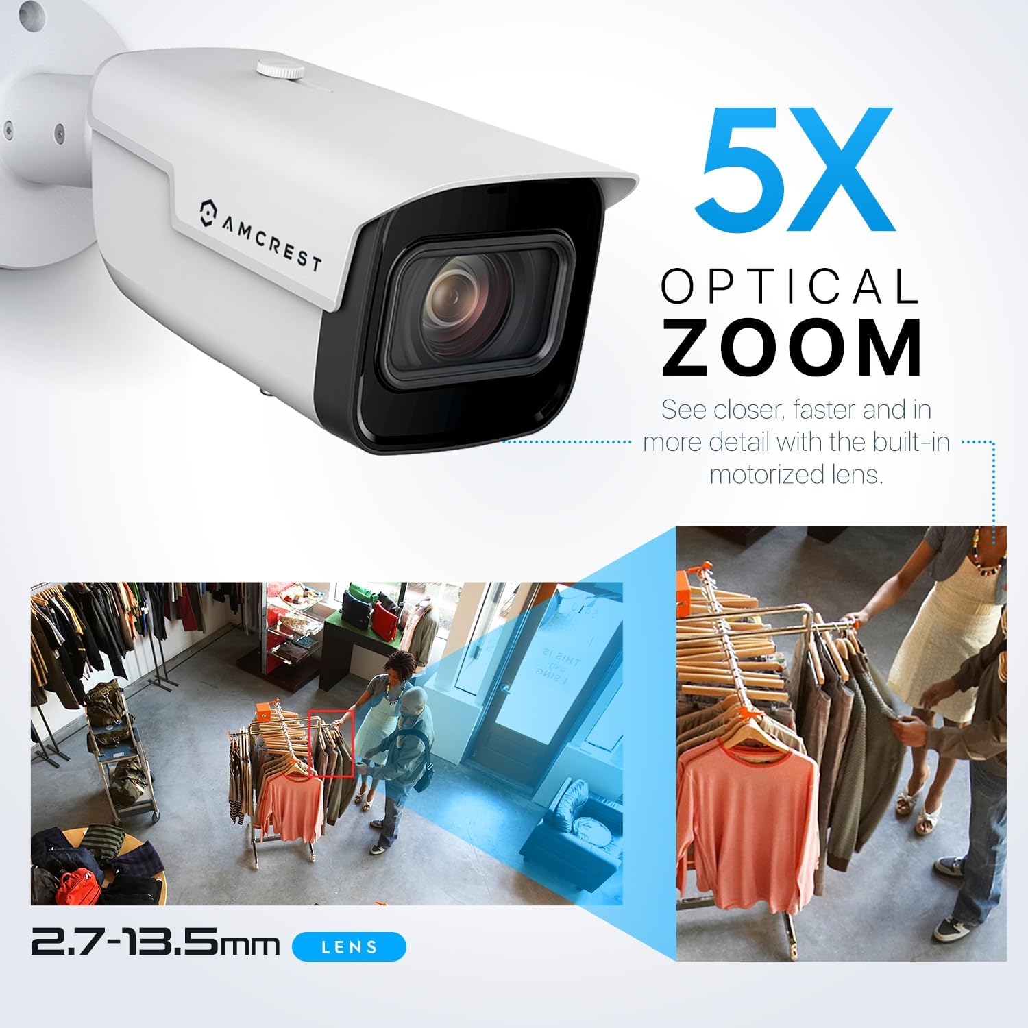 Amcrest 4K Optical Zoom AI IP PoE Camera, Varifocal Outdoor IP POE Camera Bullet, Human & Vehicle Detection, F1.5, 2.7mm~13.5mm Lens, IP67, 5X Optical Zoom, (IP8M-VB2696EW-AI)