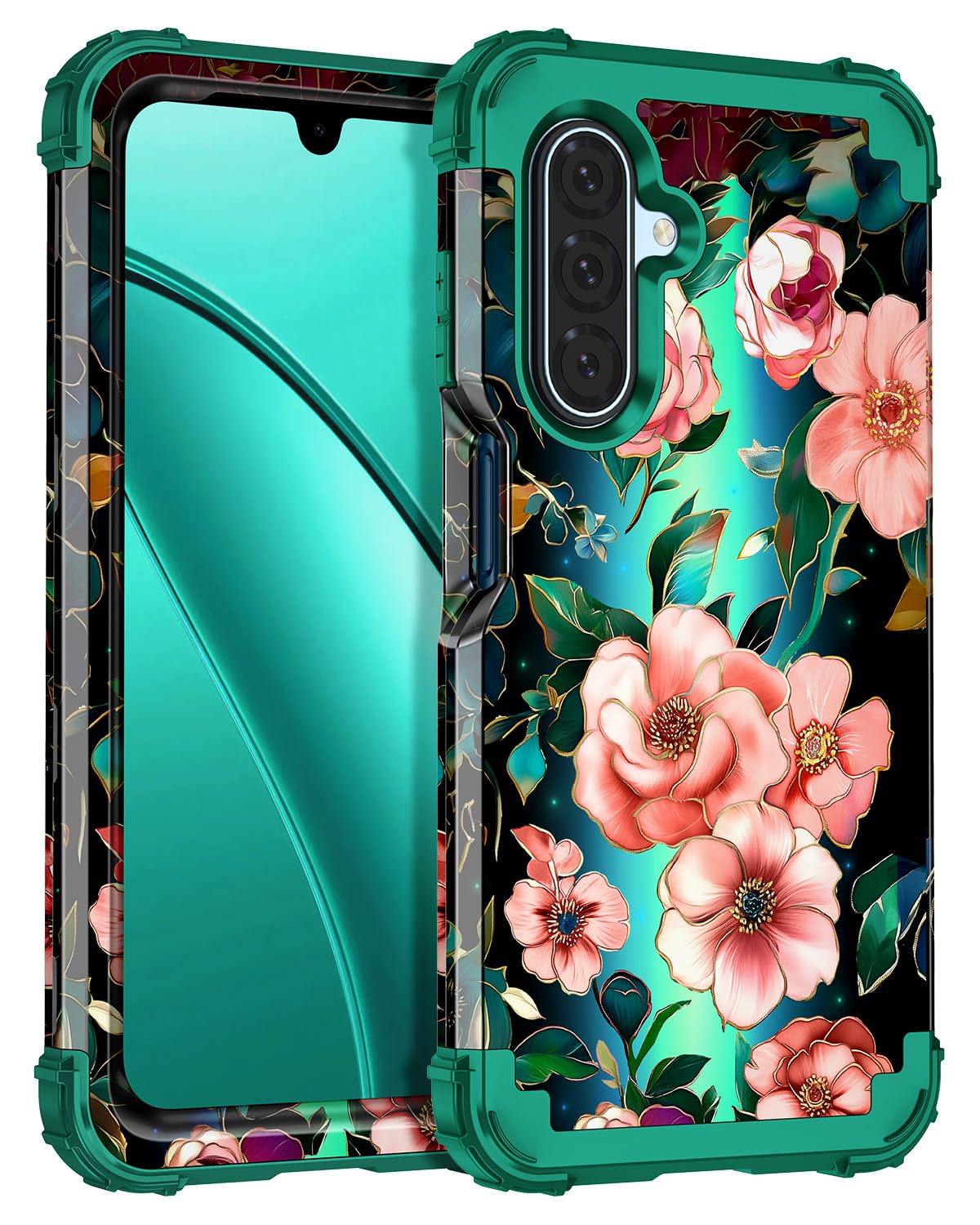 Hekodonk for Galaxy A17 5G Case,Three Layer Heavy Duty Shockproof Protection Hard Plastic+Soft Silicone Full Body Drop Protective Case for Samsung Galaxy A17 5G 6.7 inch,Light Pink Flower