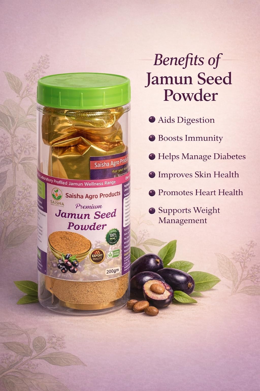 Saisha Agro Products Jamun Seed Powder | High Antioxidant Superfood | 100% Pure & Natural | No Sugar, No Additives | Lab Tested 1