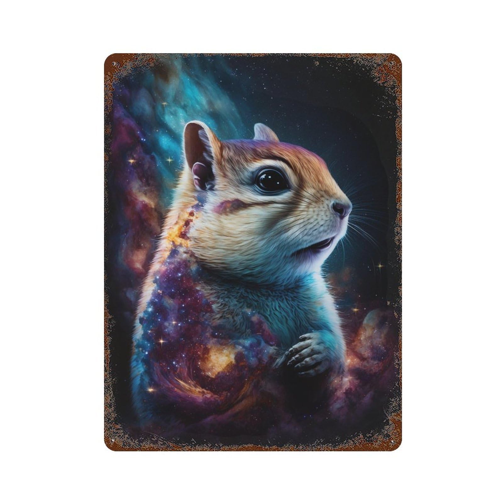 Weathered Tin Sign Squirrel in Space -1 15.7"x11.8", Rustic Home Decor for Bistro, Counter And Cafe Decor