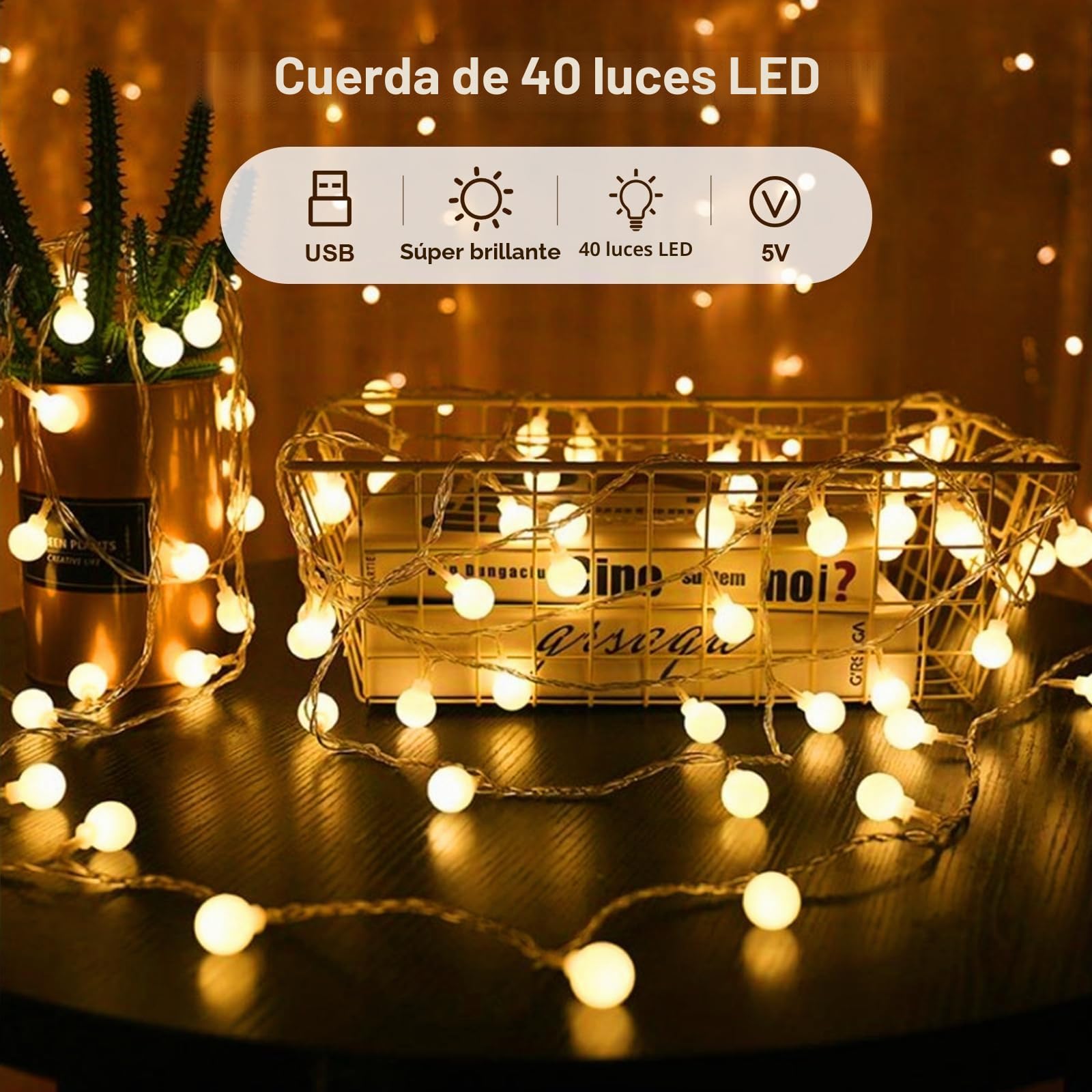 Bigzom USB Bombillas de Hadas Globulares para Interiores, 7M 40LED 5V Bombillas para Salas, Bodas, Balcones, Jardines, Fiestas, Decoración Navideña