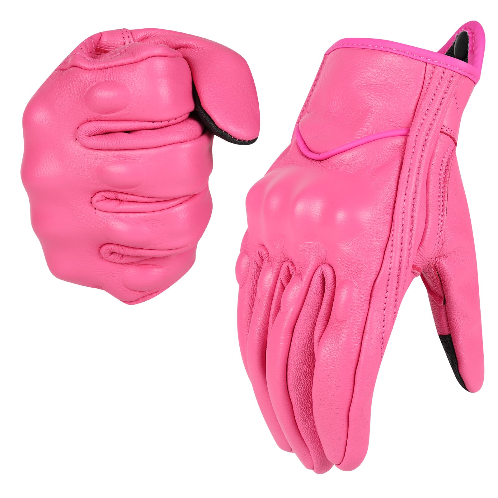 Women Pink Genuine Leather Motorcycle Gloves Full Finger Knuckle Protection Touchscreen Compatible for BMX ATV MTB Riding Road