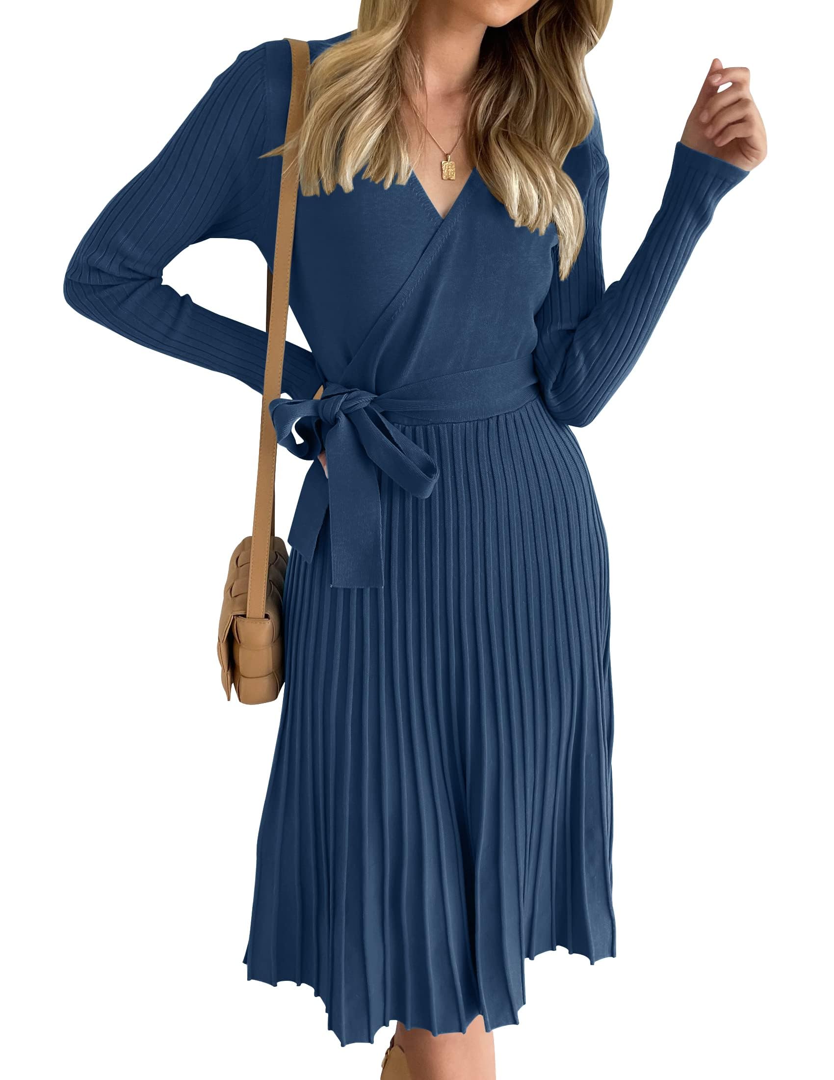 ZESICA Women's Fall Long Sleeve Wrap V Neck Ribbed Knit Pleated A Line Pullover Sweater Dress with Belt,Navy,Medium