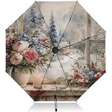 UPF 50+ Large Travel Umbrella Retro Vase Floral Compact for Rain and Sun - One-Click Automatic Open and Close - Windproof Portable 46 Sun Umbrella