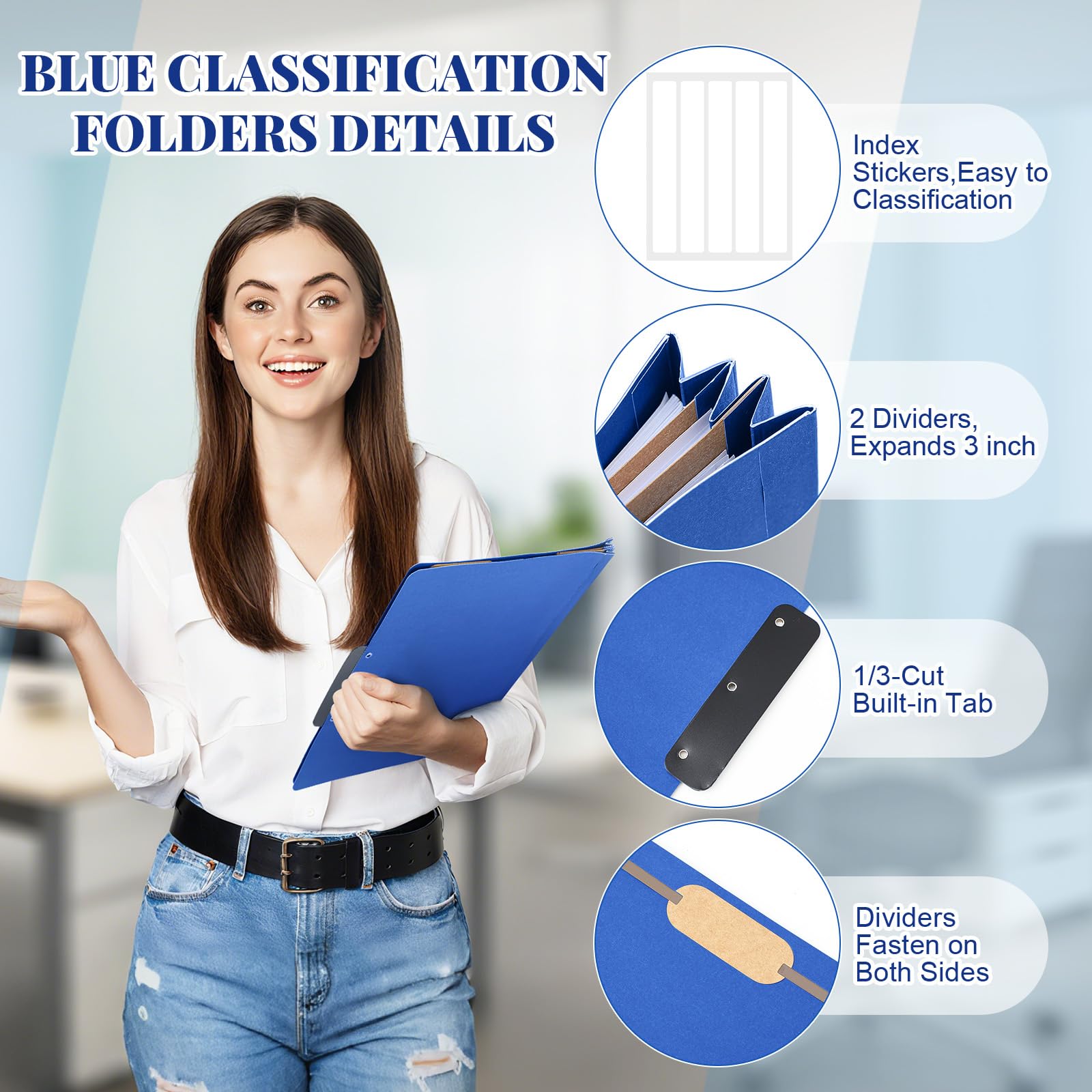 Henoyso 12 carpetas de clasificación con puntas, 2 divisores, pestaña de metal plana de corte de 1/3, expansión de 3 pulgadas, 60 calcomanías, carpeta de archivos azul tamaño carta con cierres para